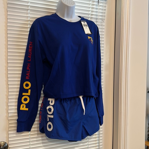 Polo Blue Logo Front & Sleeve Crew Neck Long Sleeve Cropped T-Shirt - Picture 5 of 5
